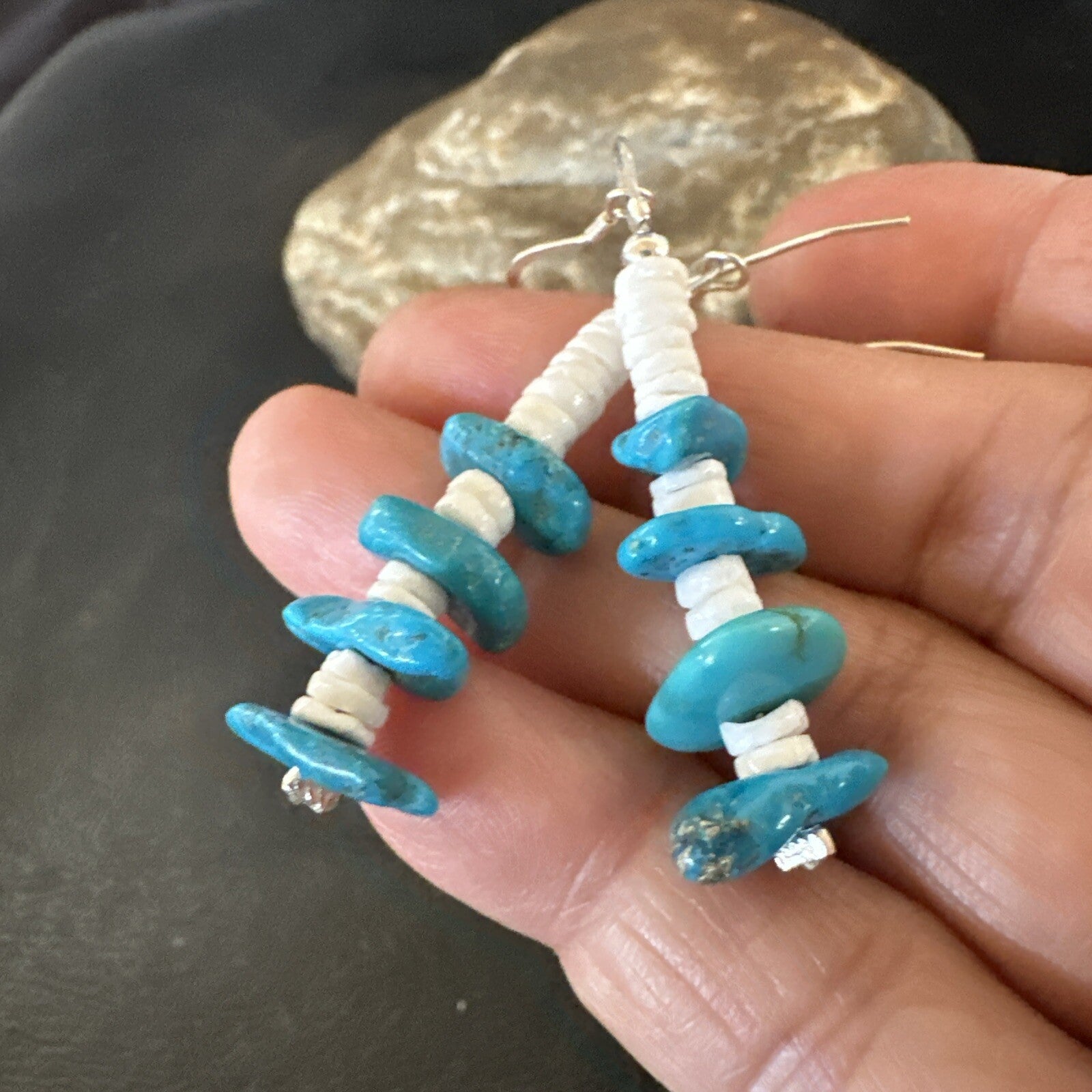 Navajo Blue Kingman Turquoise Nugget Bead Sterling Silver Earrings 17845