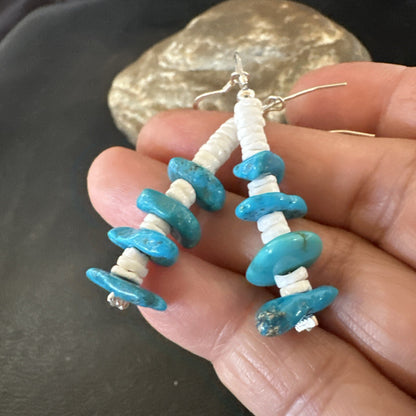 Navajo Blue Kingman Turquoise Nugget Bead Sterling Silver Earrings 17845