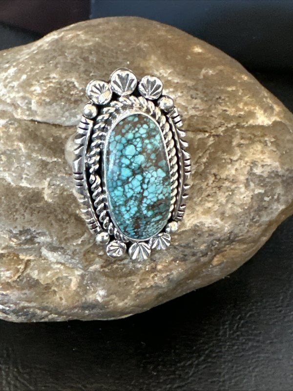 Navajo Spiderweb Turquoise Adjustable Ring Sz 8 | Sterling Silver | Authentic Native American Handmade | 19616