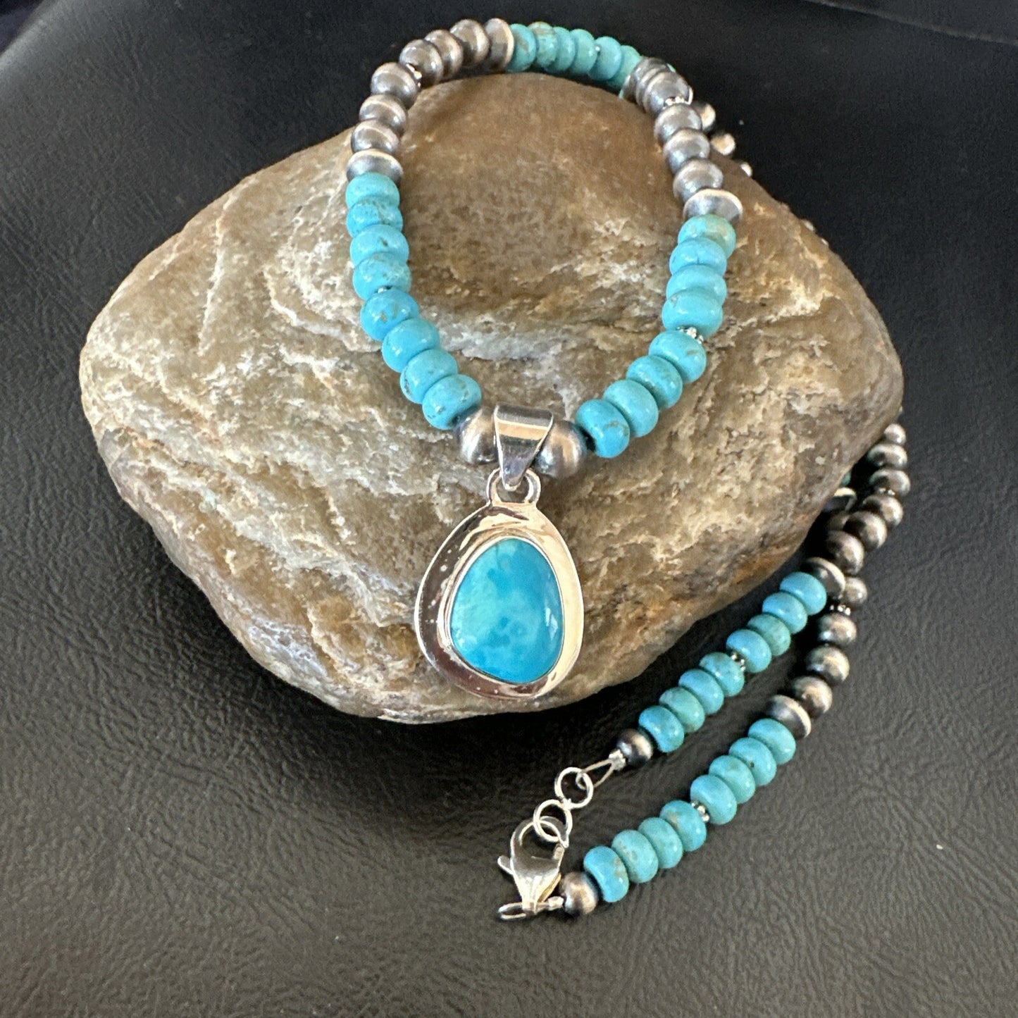 Mens Blue Kingman Turquoise Pendant Navajo Sterling Silver Necklace 21" 18113