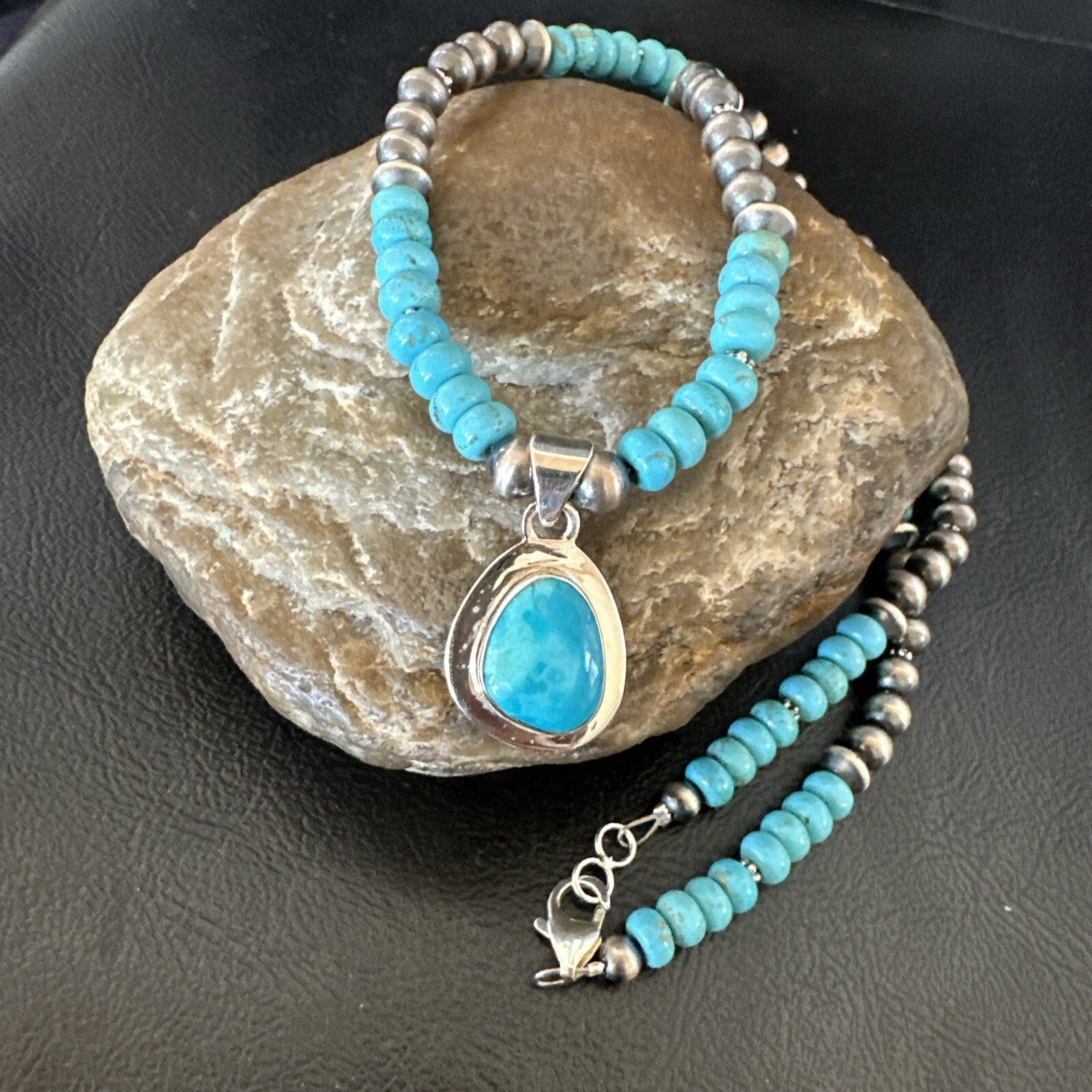 Mens Blue Kingman Turquoise Pendant Navajo Sterling Silver Necklace 21" 18113