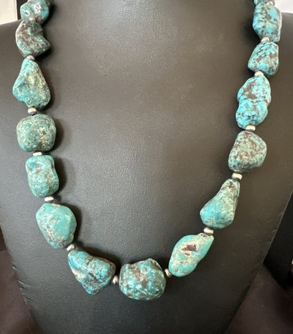 Mens Womens Chunky Blue Nugget Turquoise Navajo Sterling Silver Necklace 18673