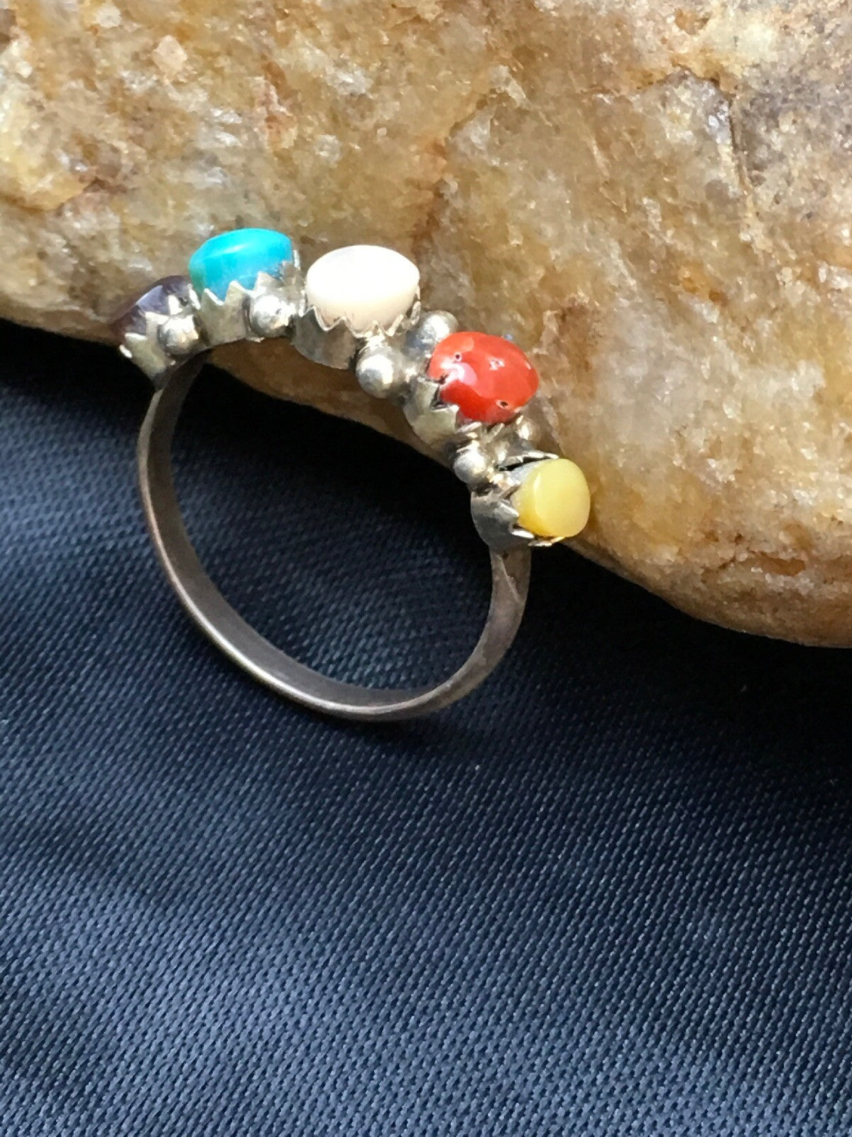 Blue Opal Coral & Turquoise Zuni Sterling Silver Ring Size 6.25 02501