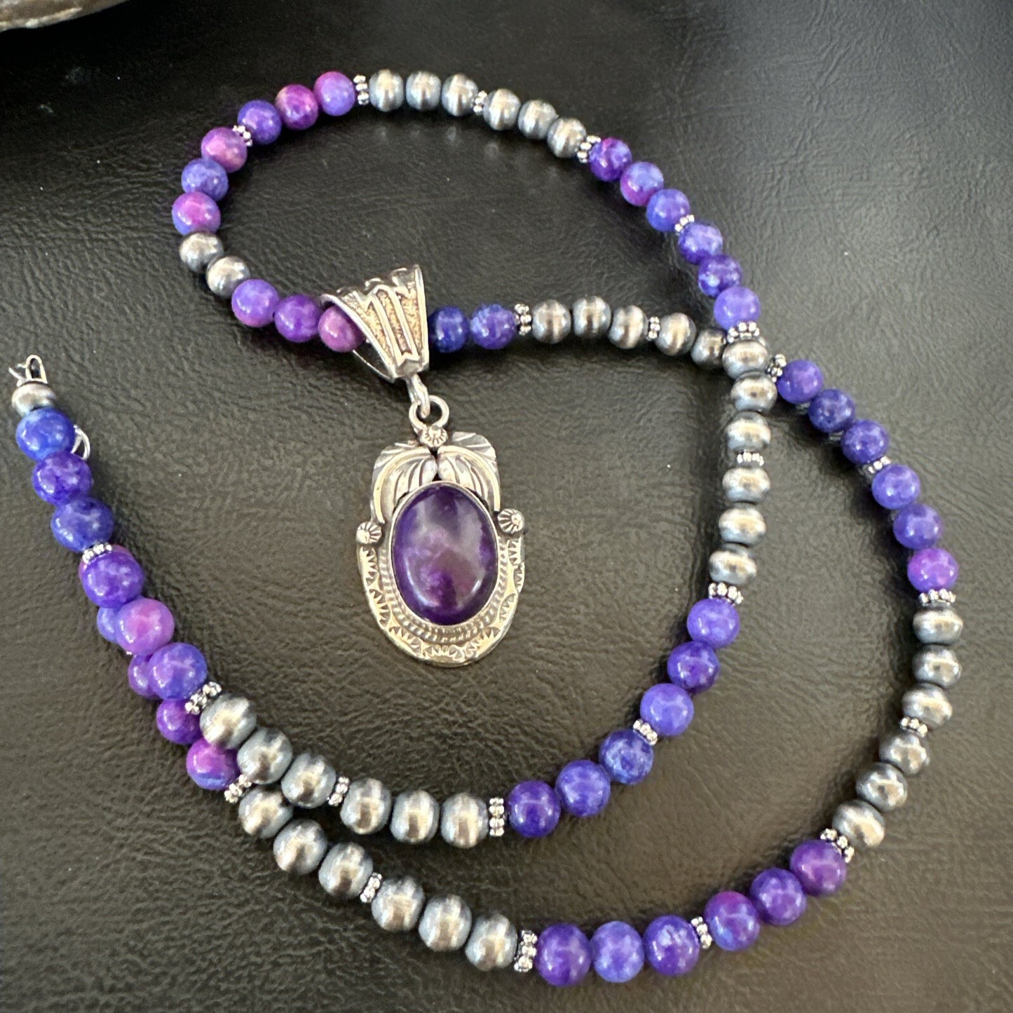 Purple Stone Pendant Navajo Sterling Silver Beads Necklace 18390