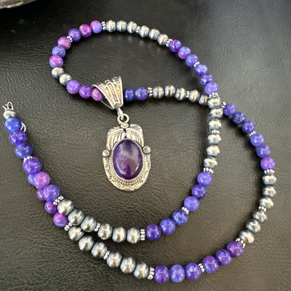 Purple Stone Pendant Navajo Sterling Silver Beads Necklace 18390