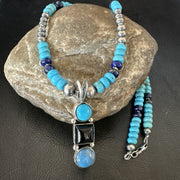 Blue Turquoise Lapis Onyx Pendant Navajo Necklace | Sterling Silver | Authentic Native American Handmade | 19550