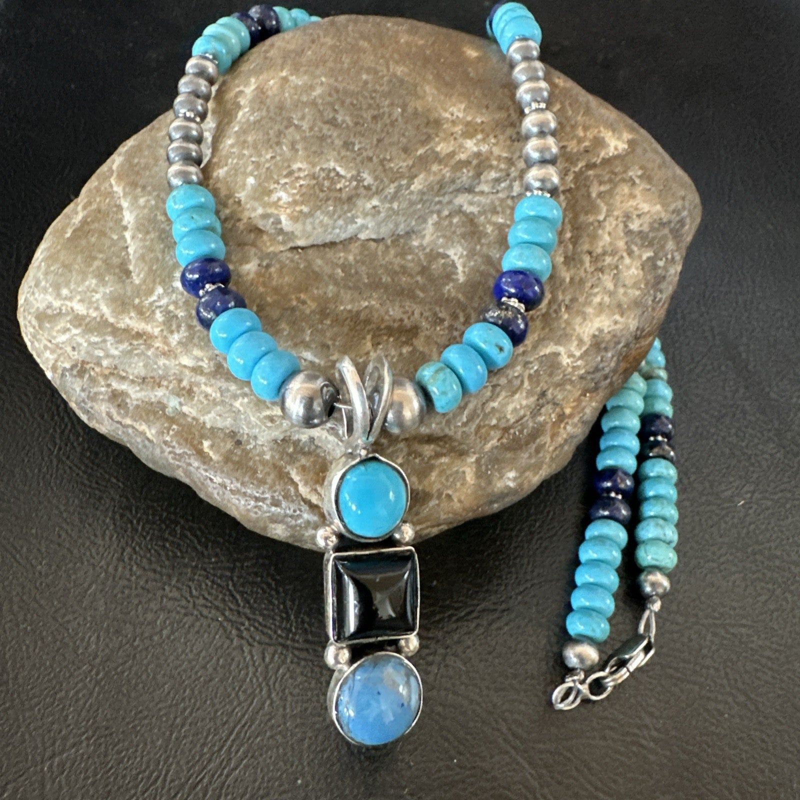Blue Turquoise Lapis Onyx Pendant Navajo Sterling Silver Necklace 19550