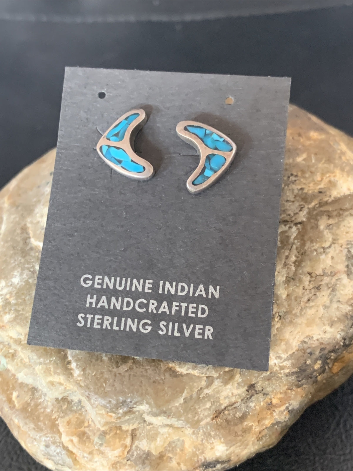 Womens Chip Inlay Earrings Navajo Blue Turquoise Sterling Silver Stud 0.5" 13111