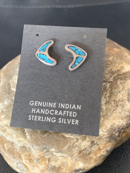 Womens Chip Inlay Earrings Navajo Blue Turquoise Sterling Silver Stud 0.5" 13111