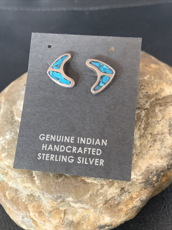 Women's Chip Inlay Earrings Navajo Blue Turquoise Stud 0.5" | Sterling Silver | Authentic Native American Handmade | 13111