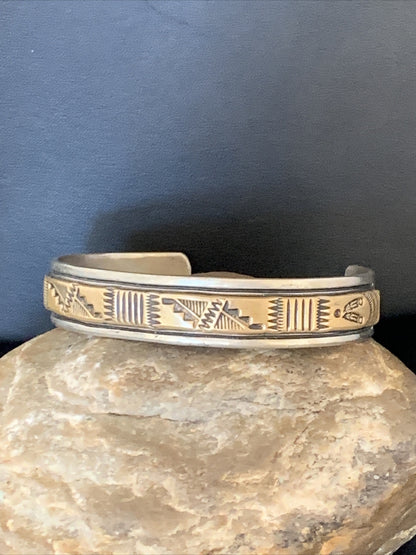 Mens Navajo Handmade Stamped Sterling Silver 12K Gold Cuff Bracelet 19032
