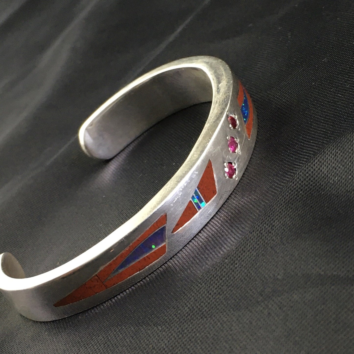 Coral, Lapis Ruby Navajo Sterling Silver Inlay Bracelet 1982