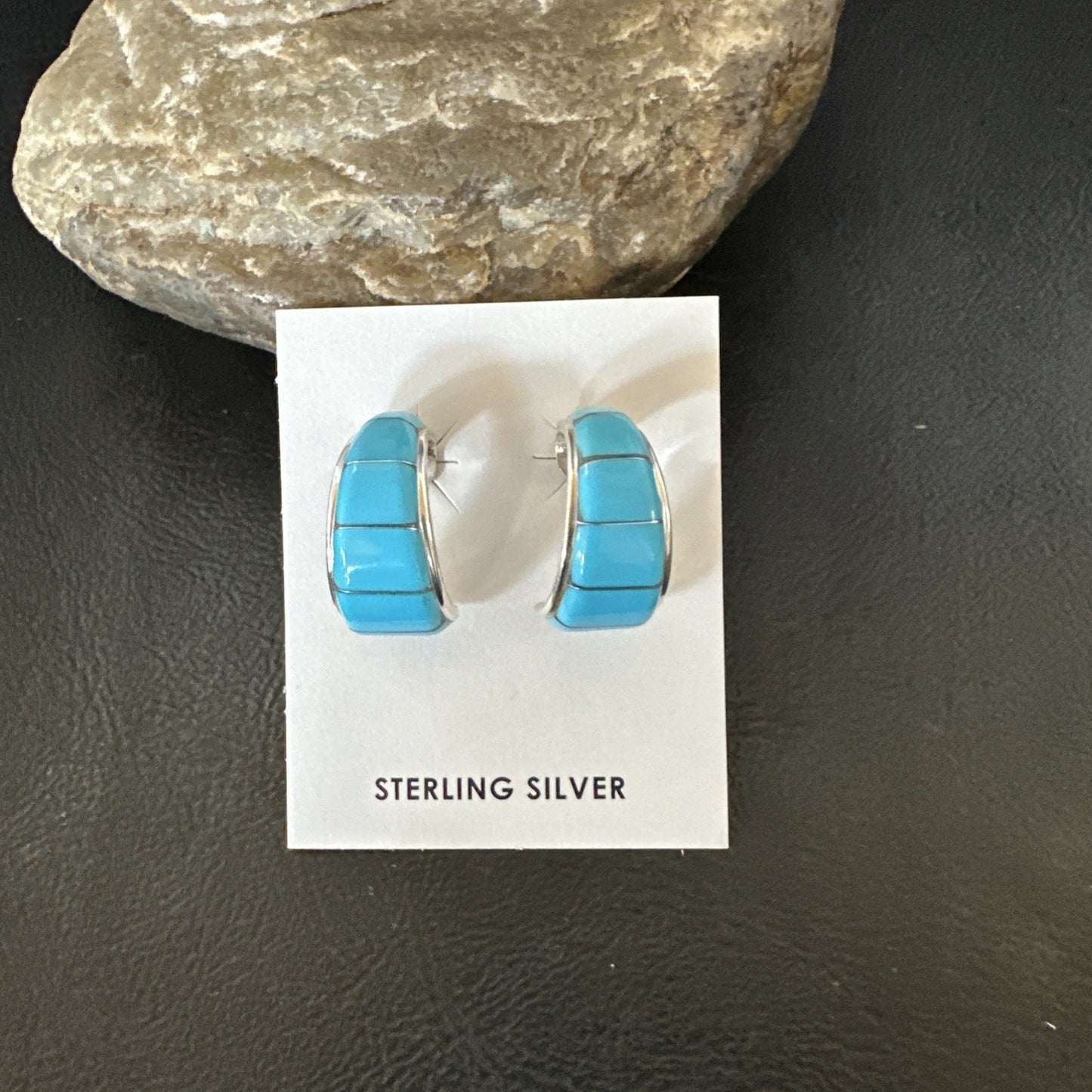 Southwestern Sterling Silver Blue Turquoise Stud Inlay Earrings 1” 19267