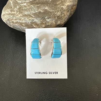 Southwestern Sterling Silver Blue Turquoise Stud Inlay Earrings 1” 19267