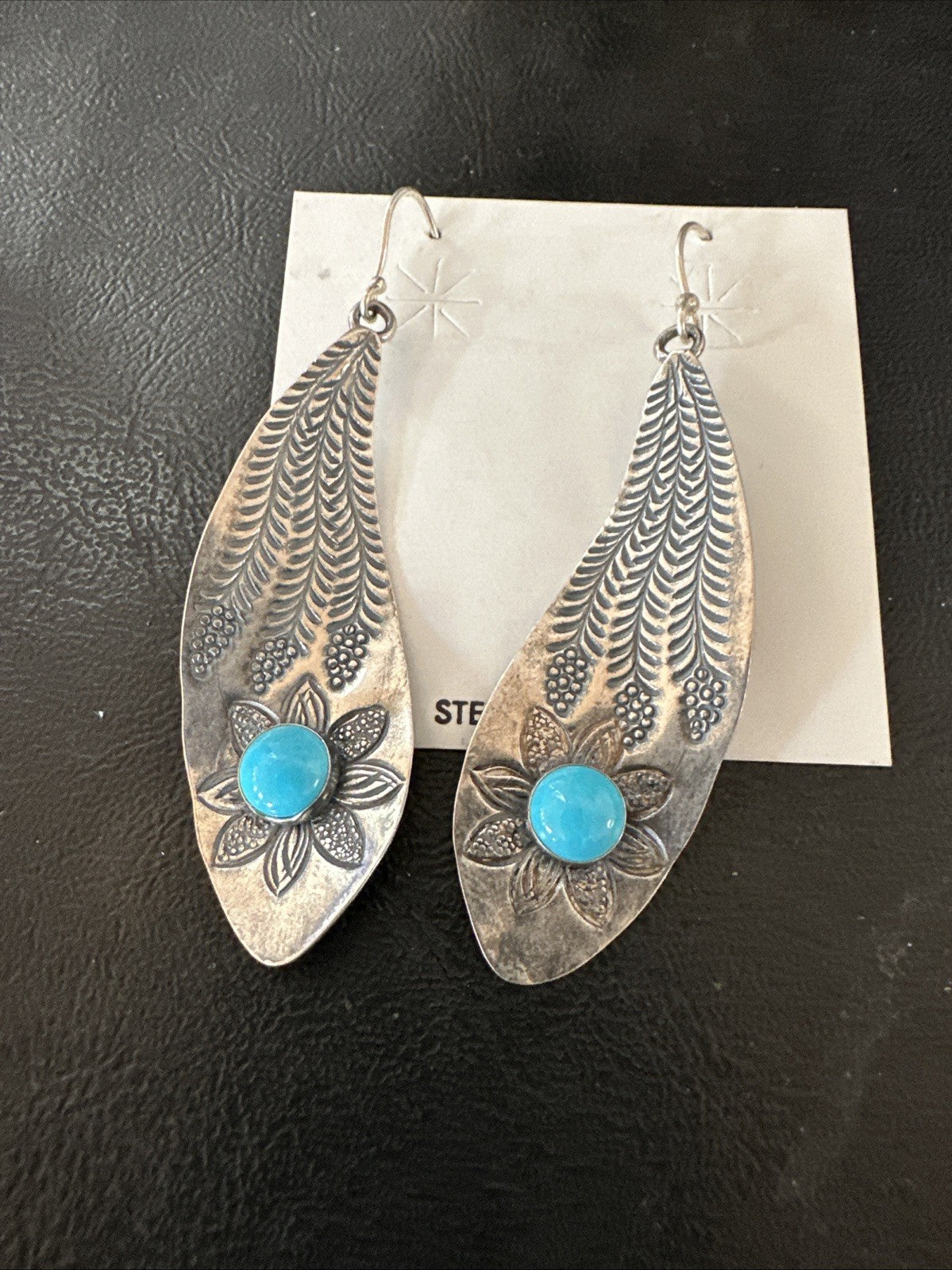 Womens Stamped Blue Turquoise Dangle Earrings Feather Sterling Silver 19785