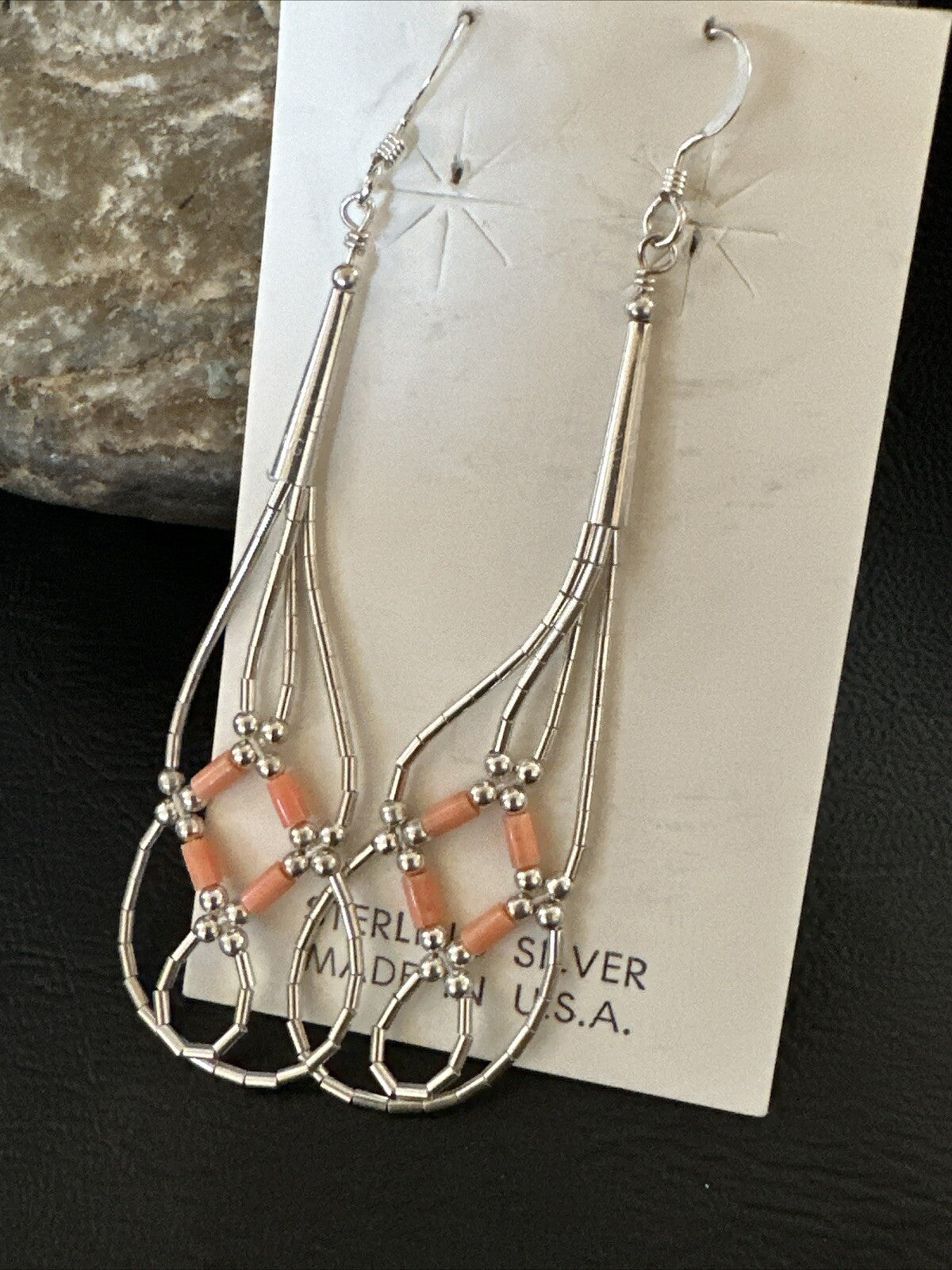 Pink Coral 2 Strands Heishi Liquid Sterling Silver Dangle Earrings 2" 17983