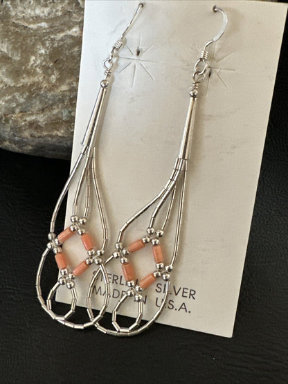 Pink Coral 2 Strands Heishi Liquid Sterling Silver Dangle Earrings 2" 17983