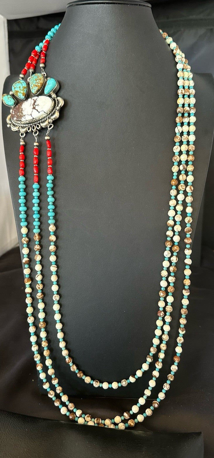 XL Statement Wild Horse Turquoise#8 Navajo 3S Sterling Silver Necklace 34” 19674