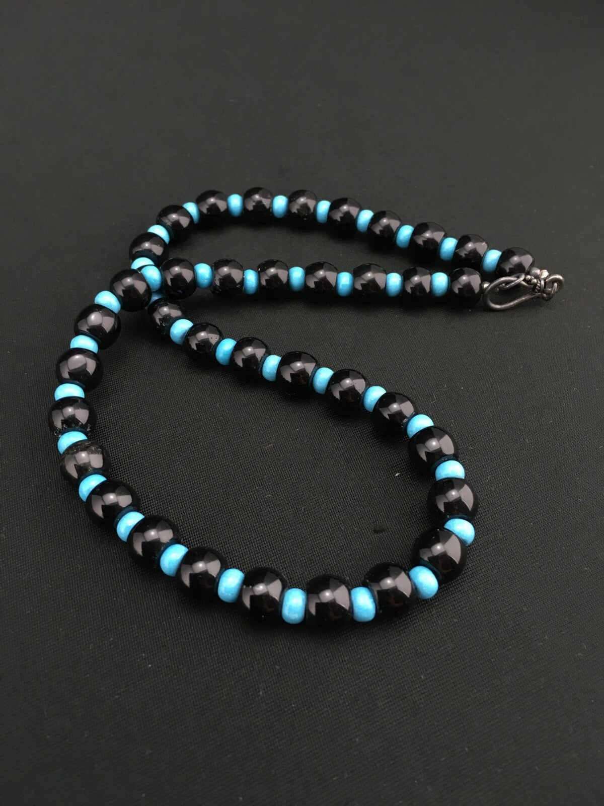 Native Black Onyx Blue Turquoise Bead Navajo Sterling Silver Necklace 15229