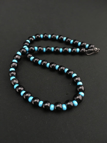 Native Black Onyx Blue Turquoise Bead Navajo Sterling Silver Necklace 15229