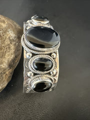 Men's Navajo Black Onyx Cuff Bracelet 5 Stone | Sterling Silver | Authentic Native American Handmade | 18018