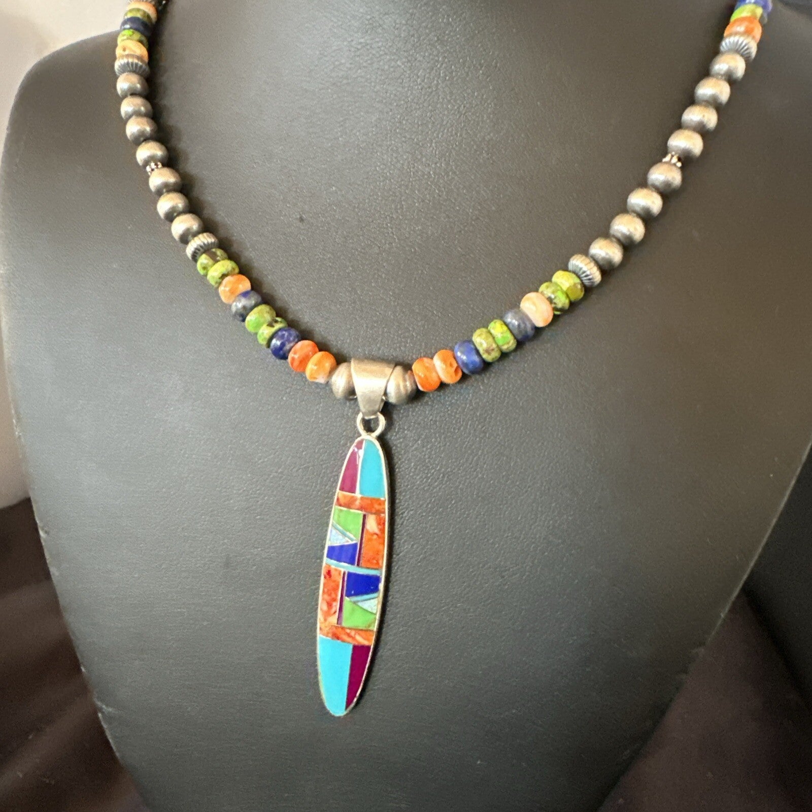 Turquoise Spiny Oyster Inlay Pendant Navajo Sterling Silver Necklace 21" 18822