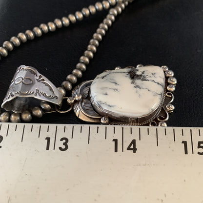 White Buffalo Turquoise Pendant Necklace Sterling Silver Navajo 13993