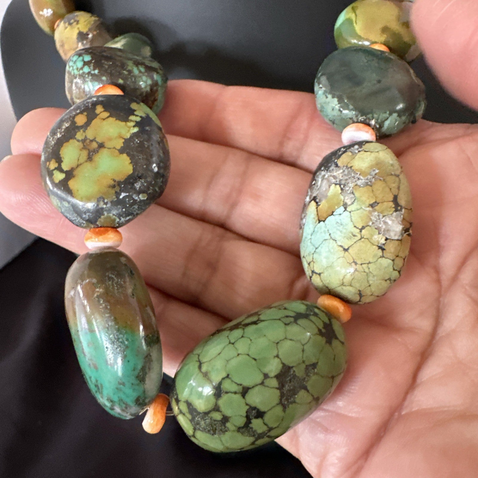 Blue Green Turquoise Spiny Chunky Navajo Sterling Silver Necklace 21” 19255