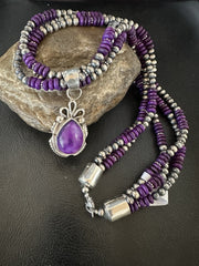 Navajo 3 Strand Purple Stone Necklace Pendant 22" | Sterling Silver | Authentic Native American Handmade | 19304
