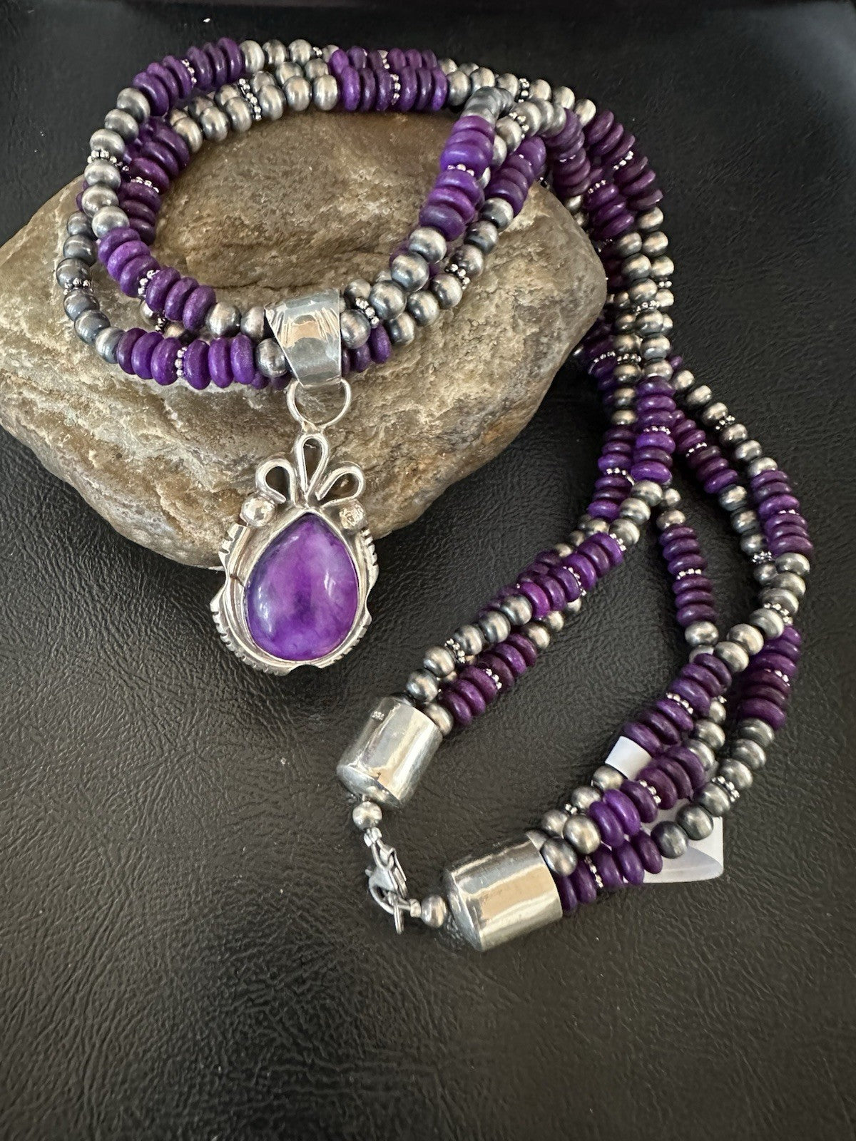 Navajo Sterling Silver 3 Strand Purple Stone Necklace Pendant 22” 19304