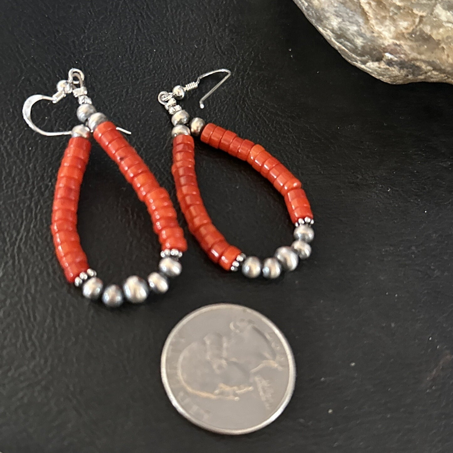 Native American Red Coral Bead Earrings Navajo Sterling Silver 14383
