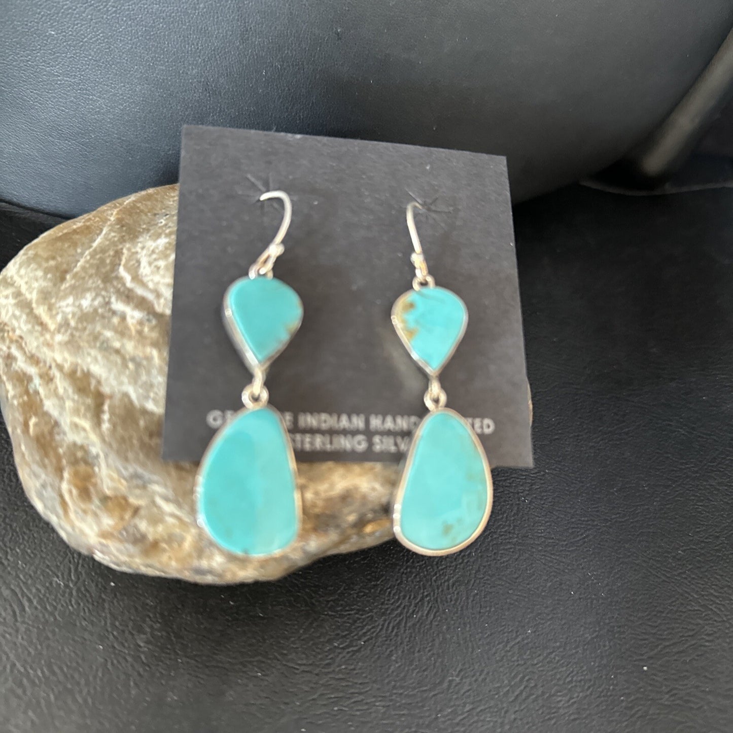 Blue Kingman Turquoise Navajo Sterling Silver Dangle 1.5" Earrings 14576