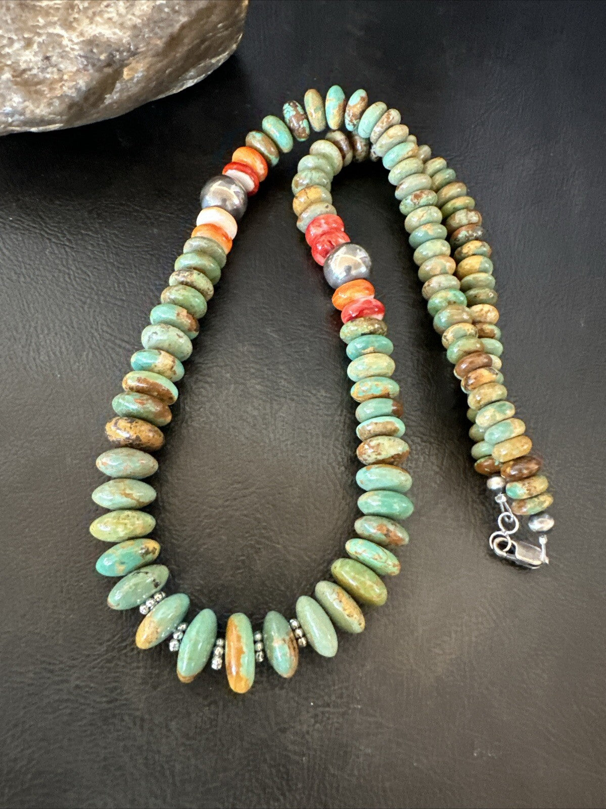 Green Turquoise Spiny Oyster Navajo Pearls Sterling Silver Necklace 18318
