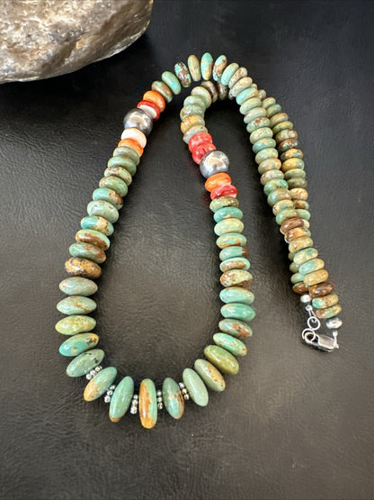 Green Turquoise Spiny Oyster Navajo Pearls Sterling Silver Necklace 18318