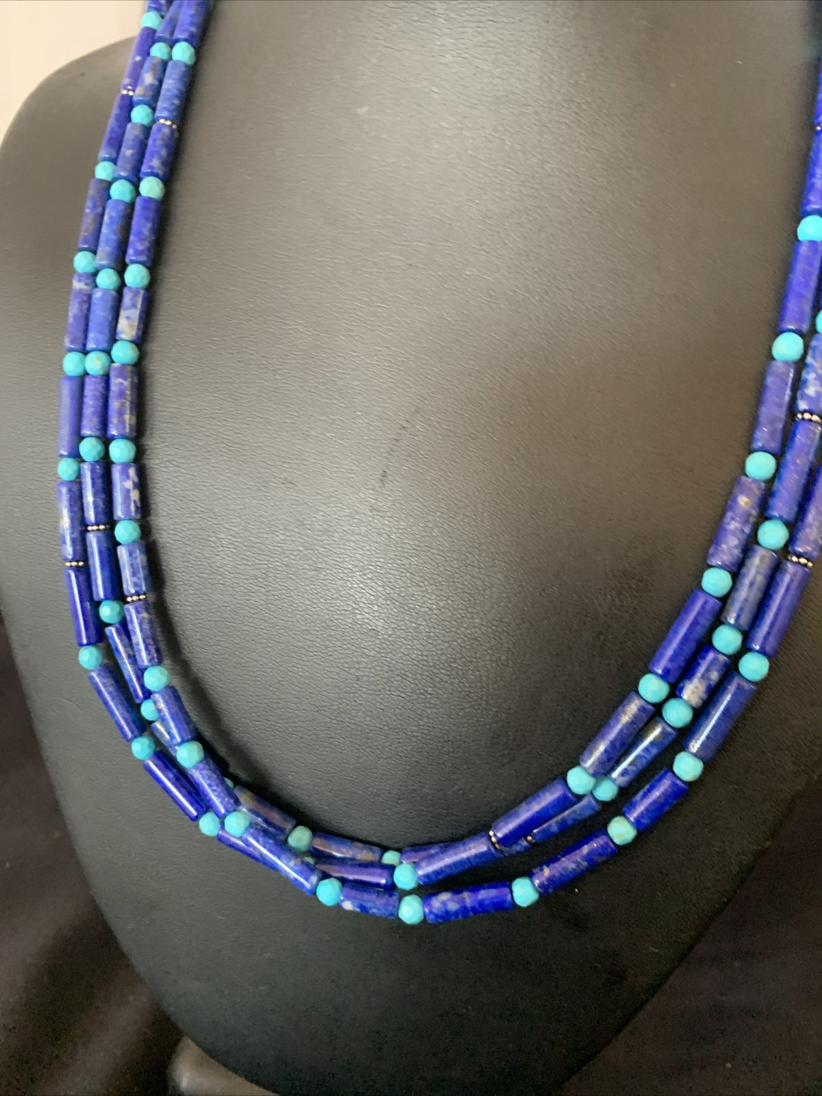 Lapis & Turquoise Tube Beads 3 Strands Navajo Sterling Silver Necklace 12701