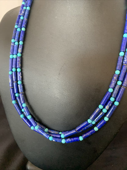 Lapis & Turquoise Tube Beads 3 Strands Navajo Sterling Silver Necklace 12701