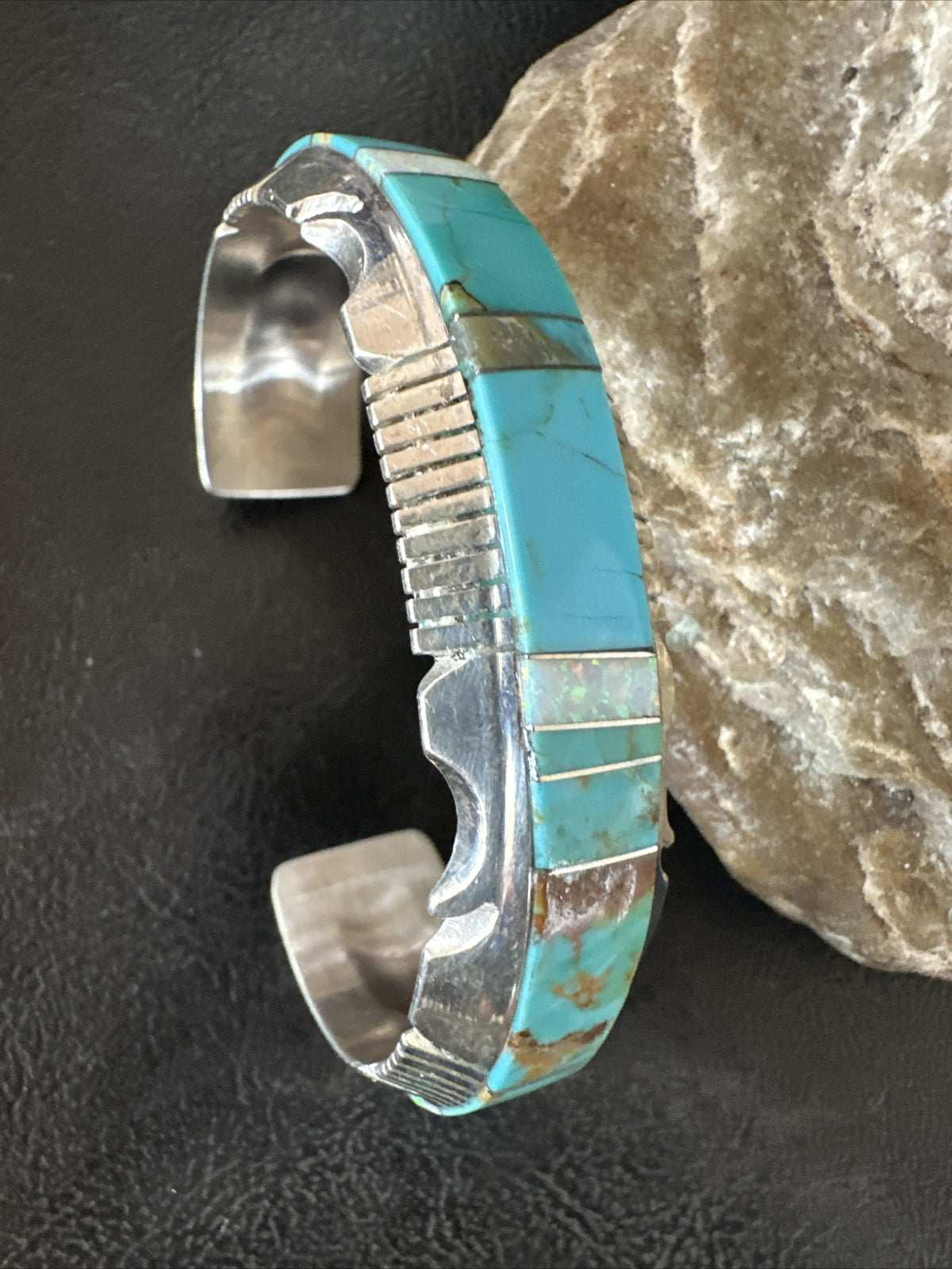 Blue Turquoise Opal Navajo Sterling Silver Cuff Inlay Bracelet 17957