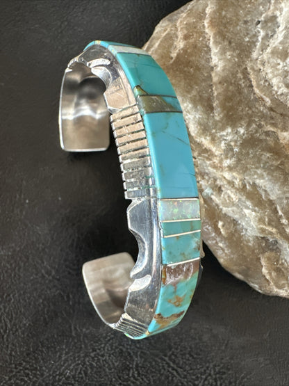 Blue Turquoise Opal Navajo Sterling Silver Cuff Inlay Bracelet 17957