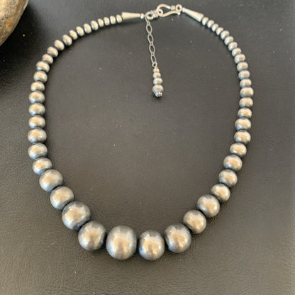 Navajo Pearls Graduated Sterling Silver Round Seamless Bead Necklace 16”