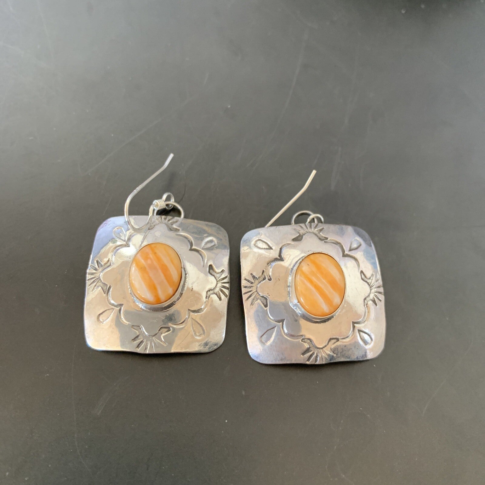 Gold Orange Spiny Oyster Navajo Sterling Silver Earrings 02076