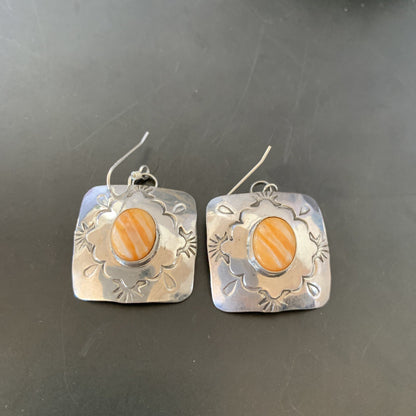 Gold Orange Spiny Oyster Navajo Sterling Silver Earrings 02076