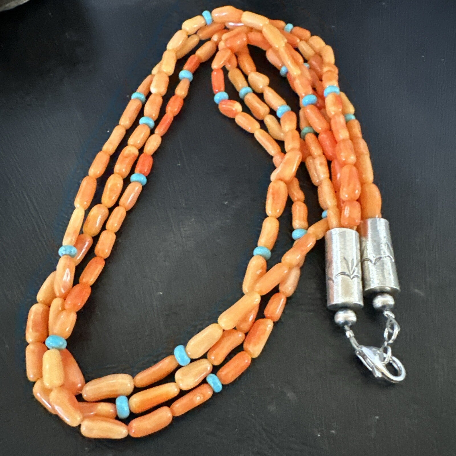 Native Turquoise Orange Coral Sterling Silver 3 Strand Necklace 21" 17818