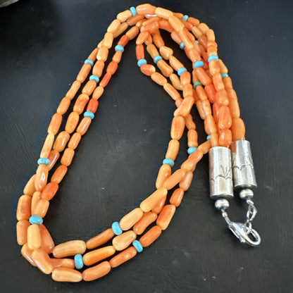 Native Turquoise Orange Coral Sterling Silver 3 Strand Necklace 21" 17818