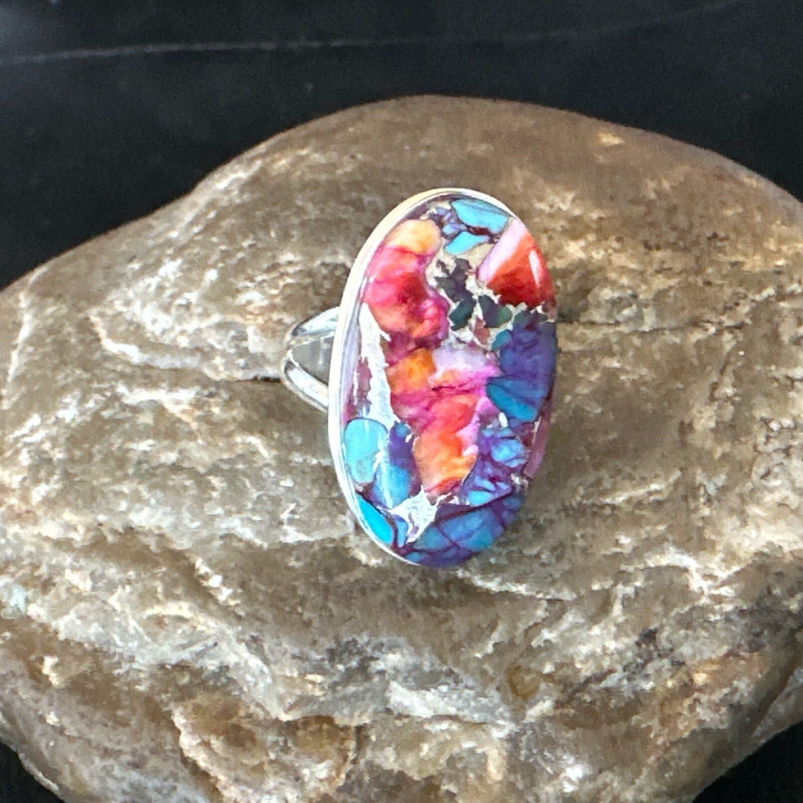 Blue Turquoise Spiny Oyster Southwestern Sterling Silver Ring Size 8 18482