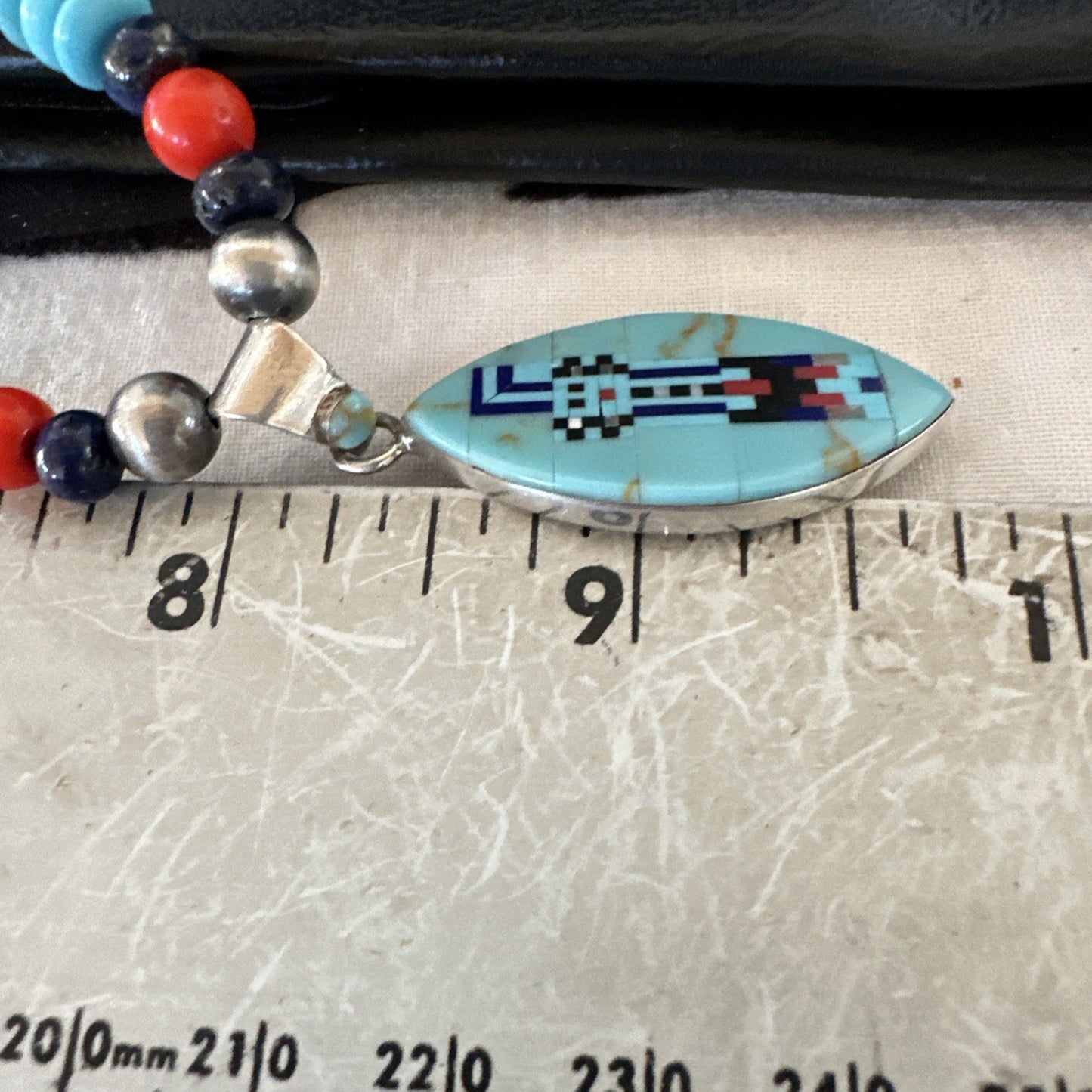 Multicolor Turquoise Coral Navajo Sterling Silver Inlay Pendant Necklace 19645
