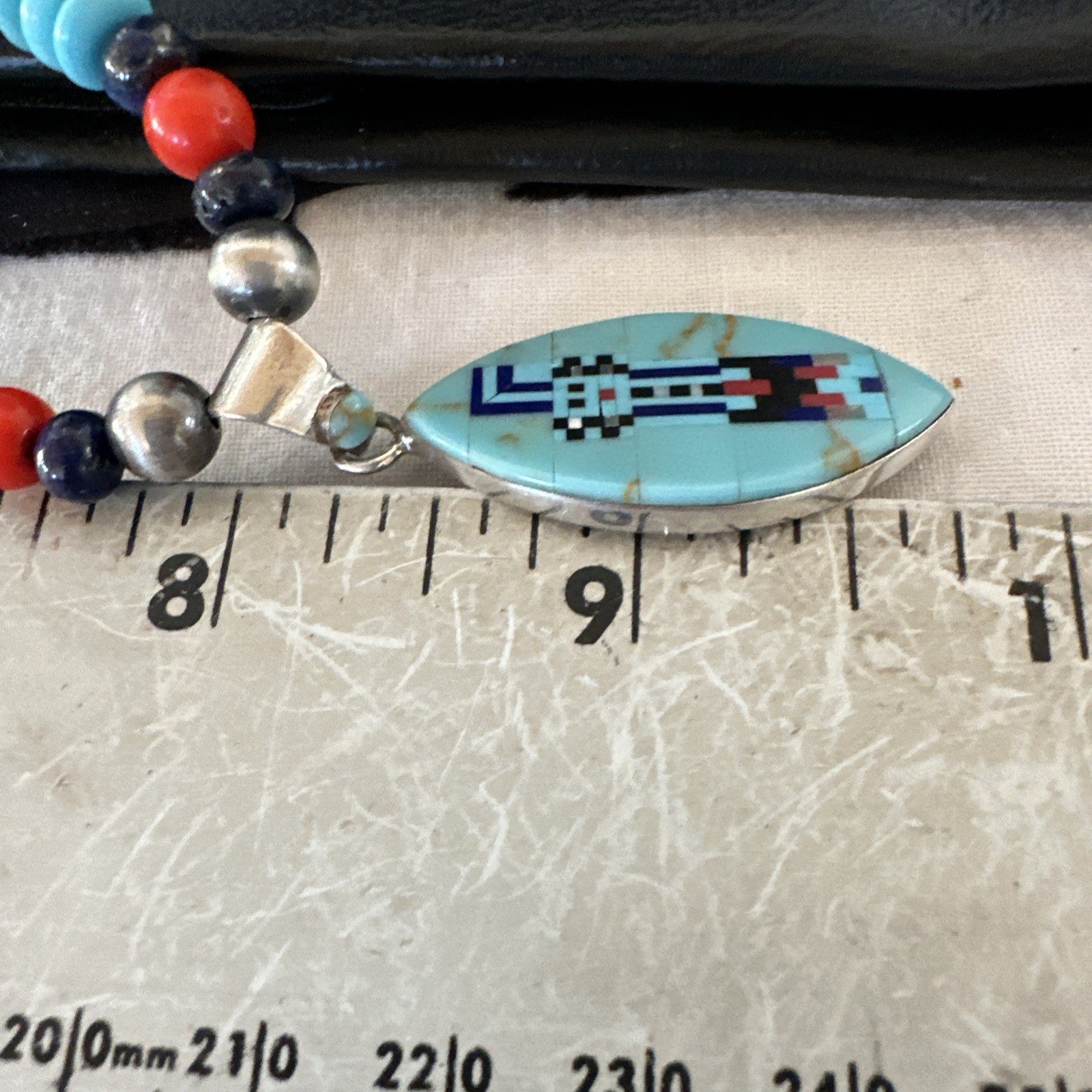 Multicolor Turquoise Coral Navajo Sterling Silver Inlay Pendant Necklace 19645