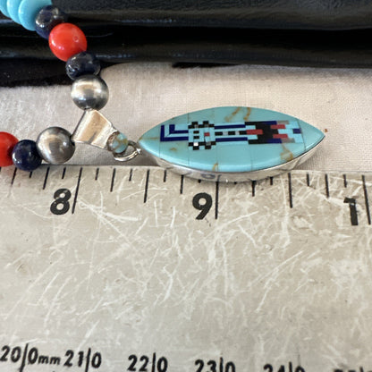 Multicolor Turquoise Coral Navajo Sterling Silver Inlay Pendant Necklace 19645