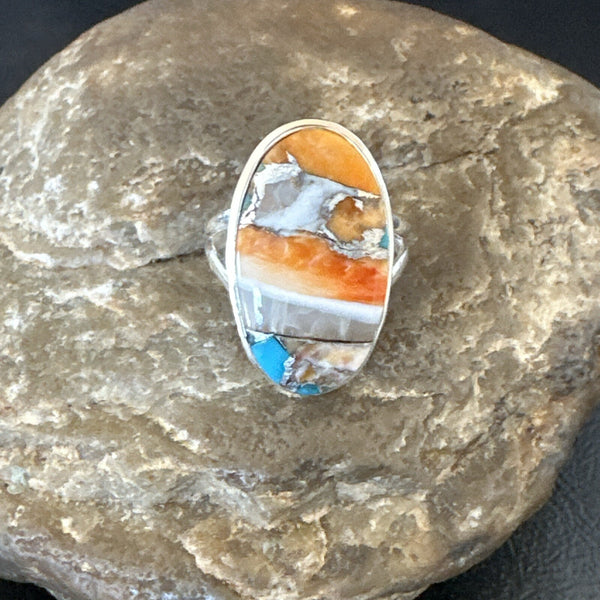 Blue Turquoise Spiny Oyster Navajo Ring Size 8 | Sterling Silver | Authentic Native American Handmade | 18251