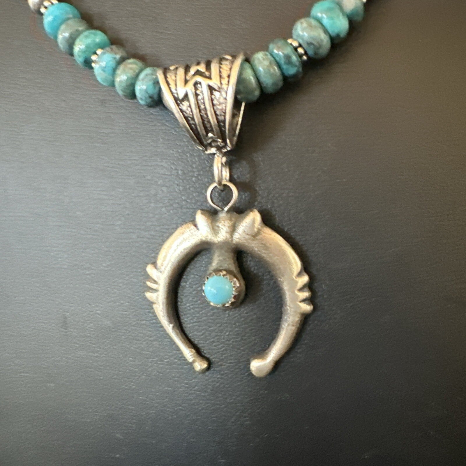 Blue Turquoise Naja Pendant 6mm Beads Navajo Sterling Silver Necklace 21" 18674
