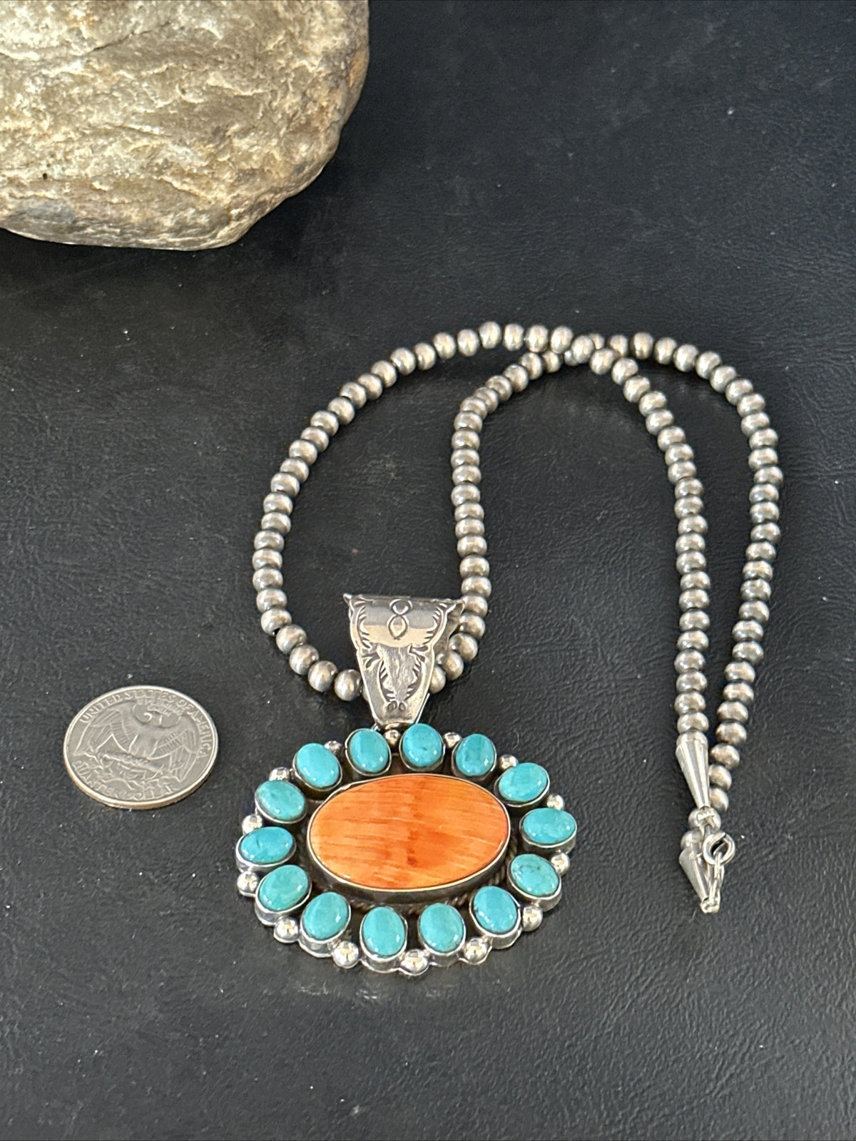 Kingman Turquoise & Spiny Oyster Cluster Pendant Sterling Silver Necklace 14277
